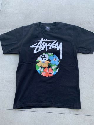 Vintage Stussy 8 - Ball Black Flowers Hawaiian T Shirt Tee Size Small S