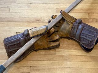 Vintage Antique Leather Hockey Gloves Diamond Knuckles Reeded Wrist 1930 - 40 