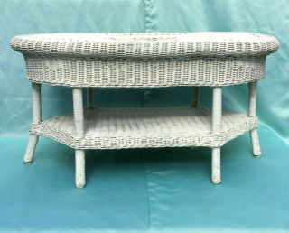 Vintage White Wicker Rattan Oval Coffee Table With Shelf