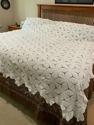 Vintage Hand Crocheted Popcorn White Bedspread 78 " X 86 "