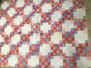 Antique Vintage Quilt Hand Pieced & Quilted Pink And White Patchwork 87x68