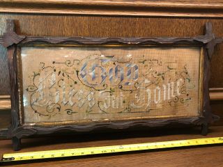 Antique Wood Adirondack Tramp Art Picture Frame Cross Stitch God Bless Our Home