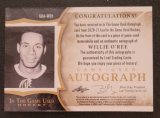 Willie O ' Ree 2020 - 21 Leaf In The Game Auto Glove 1/3 Extremely Rare 2