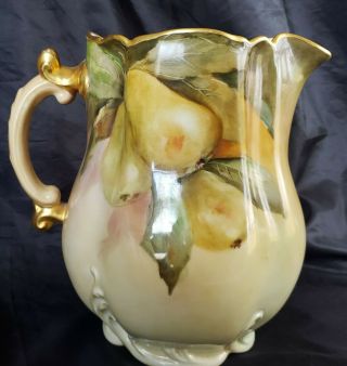 Antique Haviland Limoges France Hand Painted Pears & Gold Large Pitcher 8,  5 "
