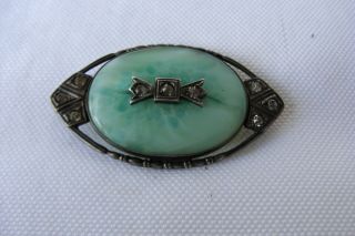 Antique Victorian Sterling Silver Green Peking Glass Brooch Pin