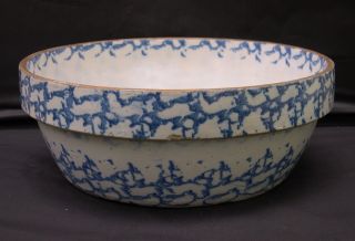 Antique Large Blue On Gray Spongeware Sponge Salt Glazed Country Stoneware Bowl