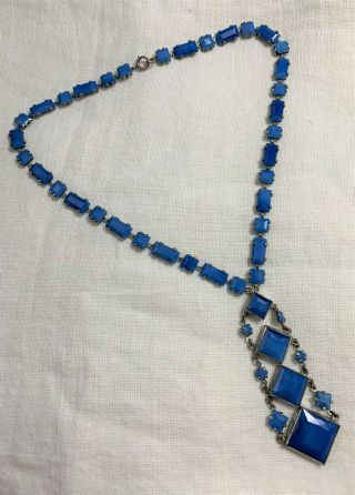 Vintage Antique Art Deco Cobalt Blue Glass Bezel Open Back Necklace