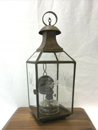 Antique Vtg Arts & Crafts Copper / Brass Oil Lamp Lantern Etched Glass Victorian