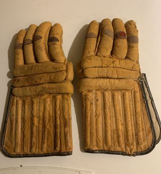 Antique 1930s Early 40s Leather Hockey Gloves Diamond Knuckles Reeded Wrist