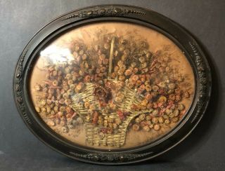 Antique Vintage Wood Oval Frame Convex Bubble Glass W/ Dried Flower Picture