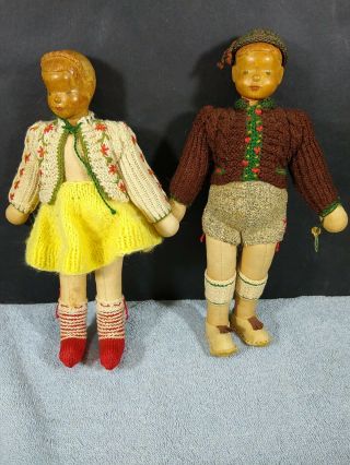2 Vintage Margrit Jensen Handmade Dolls Wooden Head Cloth Body & Limbs Tag 9.  5 "