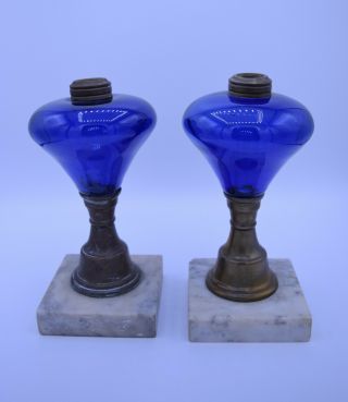 2 Antique Vintage Cobalt Blue Glass Lamp Pair Oil Lamp Marble Base Brass