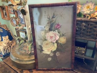 Antique Vintage Roses & Daisies Oil On Artist Board Under Glass In Wood Frame