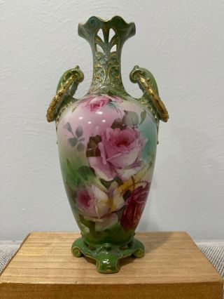 Antique Royal Bayreuth Porcelain Vase W/ Roses Decoration & Unique Handles