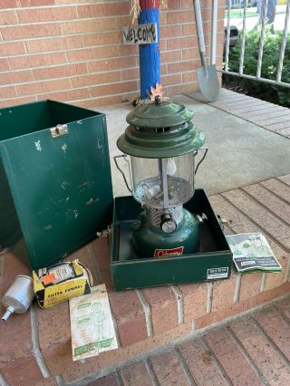 Vintage Coleman Lantern With Metal Case 220f,  Funnel And Other Items (1)