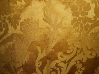 Antique 19thc French Gothic Cherub Floral Cartouche Silk Brocade Fabric Gold