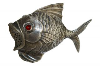 915 Spanish Silver Fish Novelty Salt / Pepper Shaker Red Glass Eyes C20th