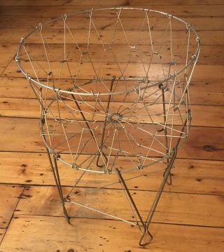 Vintage Laundry Basket Hamper Wire Foldable Metal Round Toys Storage Antique Bin