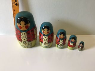 Vintage Hand Painted Wood Nesting Doll Woman 5 Piece Made In Poland Pre - Owned 4”