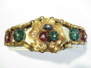 Antique Art Deco Vintage Bracelet Brass Pansy Glass Flowers Gorgeous Old