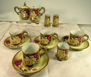 Antique Nippon Hand Painted Tea Set Of 4 Cups W/saucers Creamer Sugar Etc