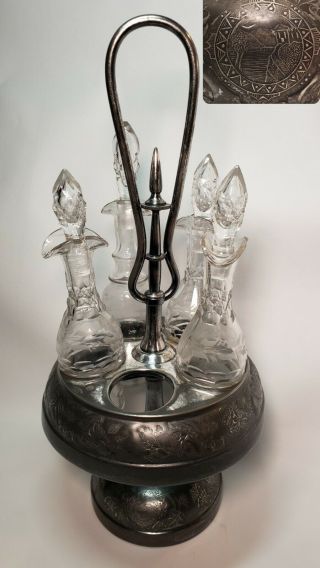 Antique Victorian Silverplate Brilliant Cut Etched Glass Cruet Set Ornate Castor