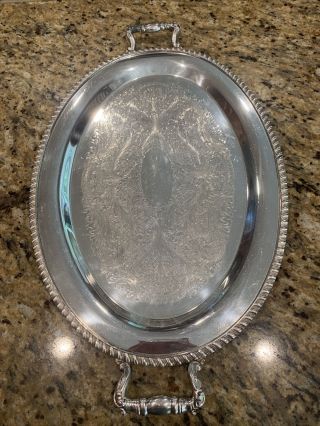 Vintage Large Ornate Silver On Copper Butler Serving Tray With Handles Rope Edge