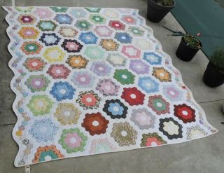 Vintage Grandmothers Flower Garden Hand Stitched Quilt Colorful Patches
