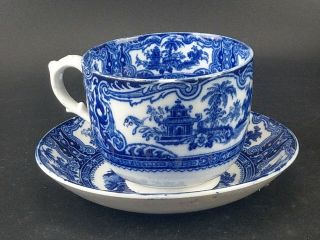 Antique Large Flow Blue Kyber Cup And Saucer By W Adams And Co