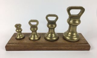 Antique Set Of Graduated Brass Bell Weights.  4lb - 8oz,  With Stand,  W&t Avery