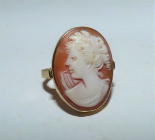 Antique Art Deco 9ct Gold Cameo Ring Muse Goddess With Lyre J 1/2 Us 5 Pinky