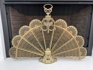 Vintage Ornate Brass Peacock Style Folding Fan Fireplace Screen Art Deco