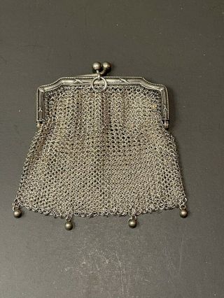 Art Deco Small Silver Repousse Frame Chain Mail Chatelain Coin Purse Kiss Latch