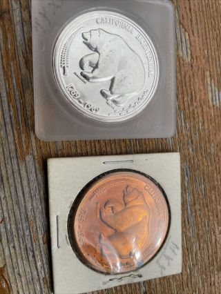 California Bicentennial 1769 - 1969 Silver Coin With Bear.  Plus A Bronze One