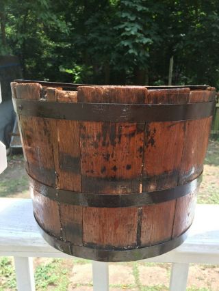 Antique Primitive Wooden Stave Well Water Bucket Metal Bands 13 " D X 10 " T Repaird