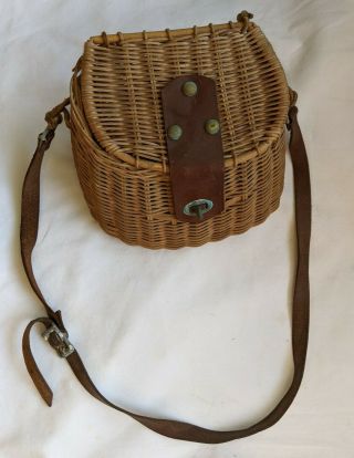 Antique Vintage Wicker Fishing Creel Basket W/ Leather Strap & Clasp