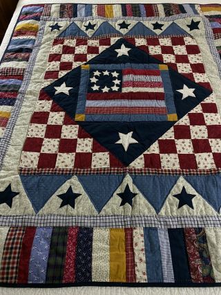 Americana Vintage Hand Quilted Flag Stars & Stripes Quilt 51x60 Throw 850