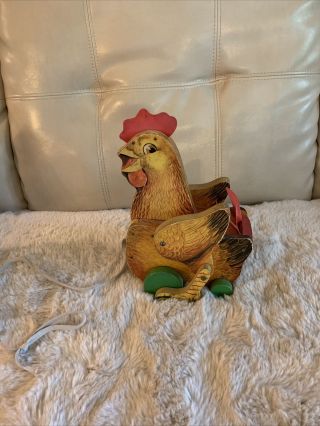 Vintage Fisher Price 123 The Cackling Hen Wooden Pull Toy,  Usa,  1966s