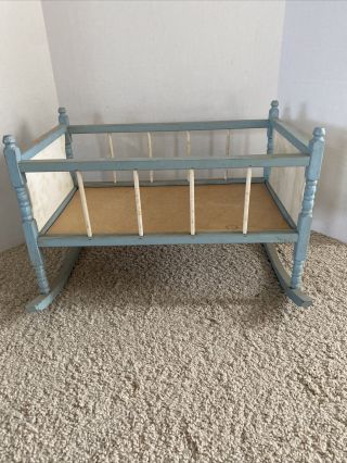 Vintage Wood Doll Cradle Bed Blue White Rocking