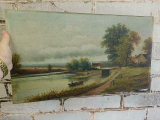 Really Old Painting Oil On Canvas Canal Landscape Signed