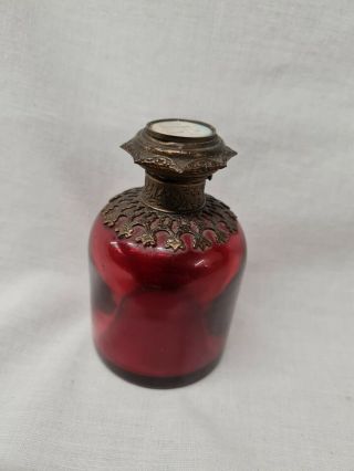 Antique French 19th Century Ruby Red Scent Bottle Gilded Collar Hinged Top Paris