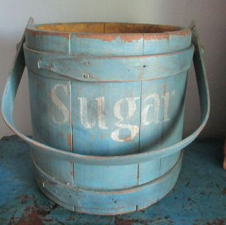 9 3/8 " - Firkin/ " Sugar " Bucket/wooden Blue Paint - Pantry Box/shaker - Primitive