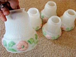 Set Of 5 Antique Lamp Light Shades Reverse Painted Frosted Glass Floral Ceiling