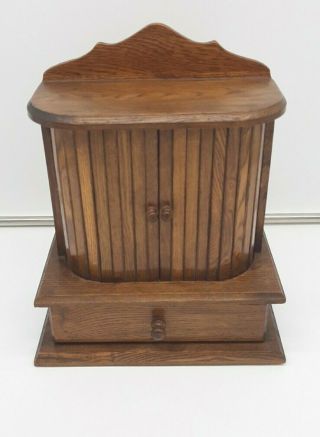 Vintage Oak Roll Front Sewing Spool Caddy With Lower Drawer 10 Spools Holders