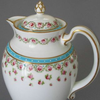Antique Porcelain Coffee Pot Pink Roses Turqouise Enamel Beading George Jones