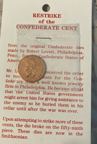Restrike Of The 1861 Confederate Cent On Card