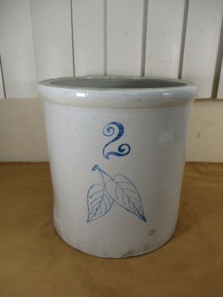 Antique - Vintage Union 2 Gallon Stoneware Pottery Crock Blue Cobalt Birch Leaf