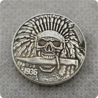 Hobo Nickel Coins,  1936 - D Indian Skull Carved Coins,