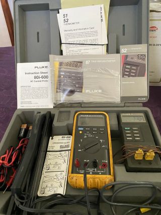 Deluxe Fluke 87,  80i - 600 Ac Clamp,  52 Thermometer,  K Air Probe,  C100 Hard Case.