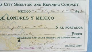 1898 Kansas City Smelting & Refining Co Mexican Bank Check - Argentine Kansas Mill 2